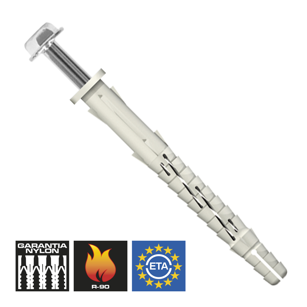 cheville universelle rallongée avec collerete en nylon vs avec vis  hexagonale TX inox A4